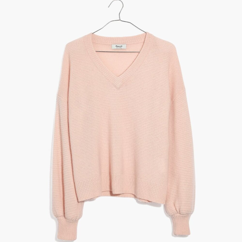 Madewell 100% Cashmere Soft Pink V-Neck Sweater with Balloon Sleeves Size‎ S